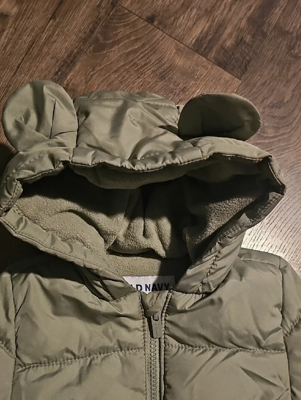 Old Navy Olive Green Puffer Jacket Hood Ears Details Coat 12 18 Months Boy Girl